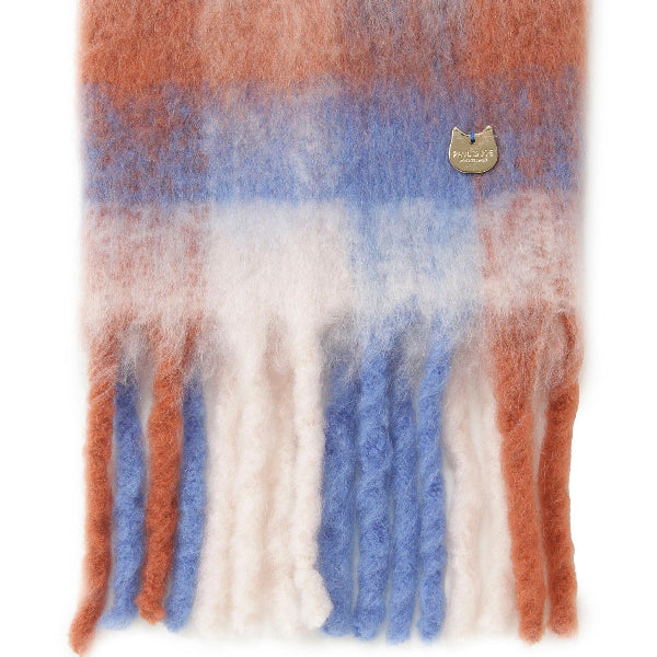 ウール混ブロックチェックボリュームマフラー　ブラウン