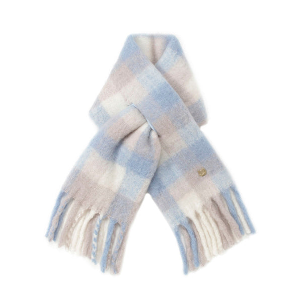 ウール混ブロックチェックボリュームマフラー　サックスブルー