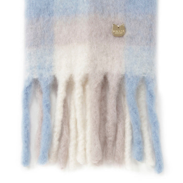 ウール混ブロックチェックボリュームマフラー　サックスブルー