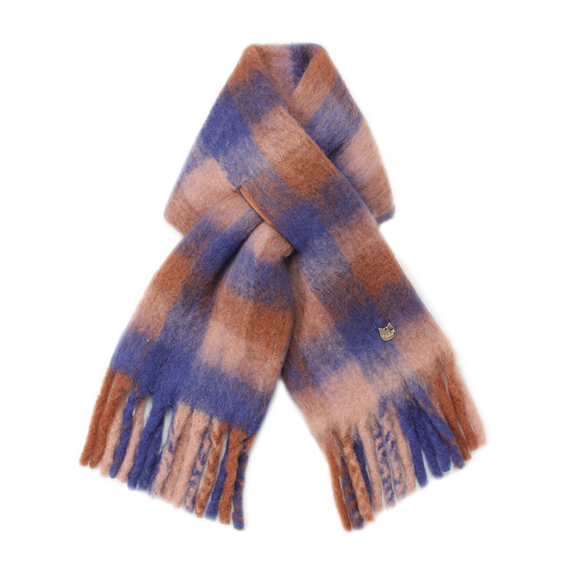 ウール混ブロックチェックボリュームマフラー　ネイビー