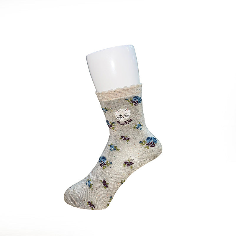 【レディース】小花柄ジプシー刺繍　ロークルー丈ウールソックス（ベージュ）