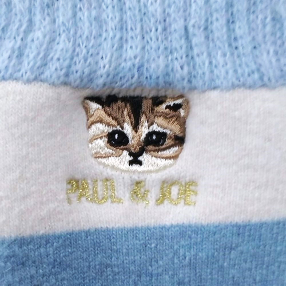 【レディース】ボーダー柄ヌネット刺繍　ルームソックス（サックス）