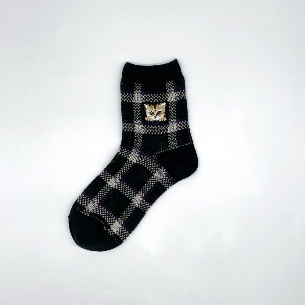 【レディース】チェックヌネット刺繍　ソックス