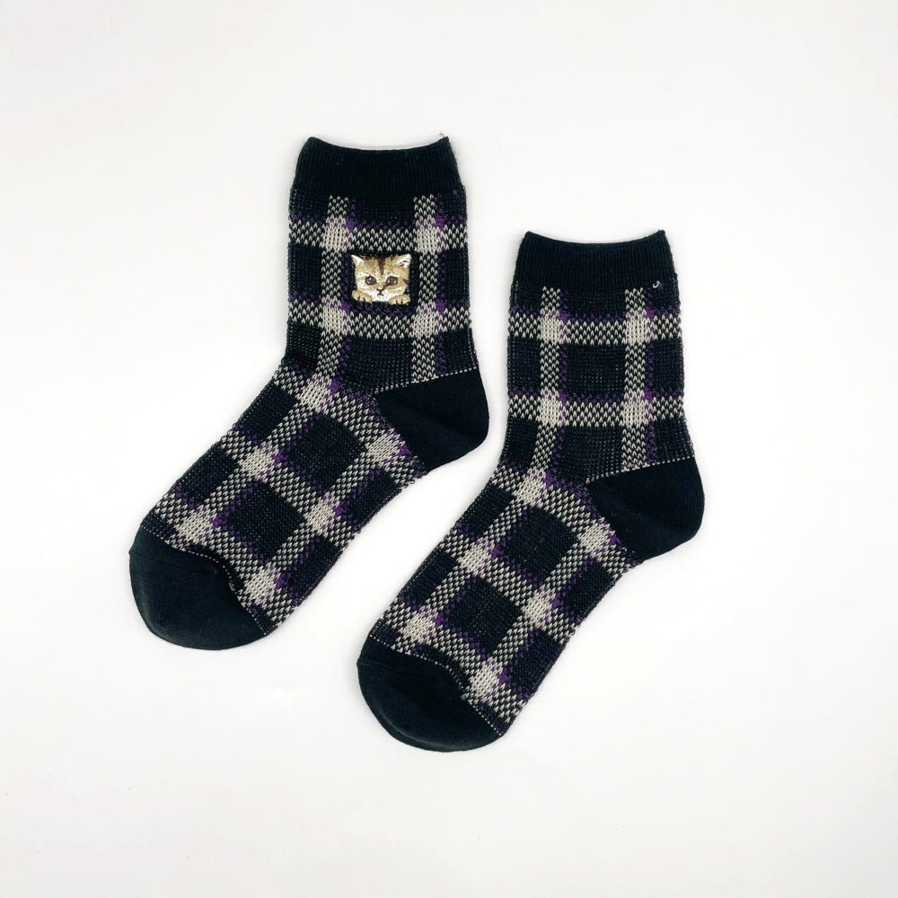 【レディース】チェックヌネット刺繍　ソックス
