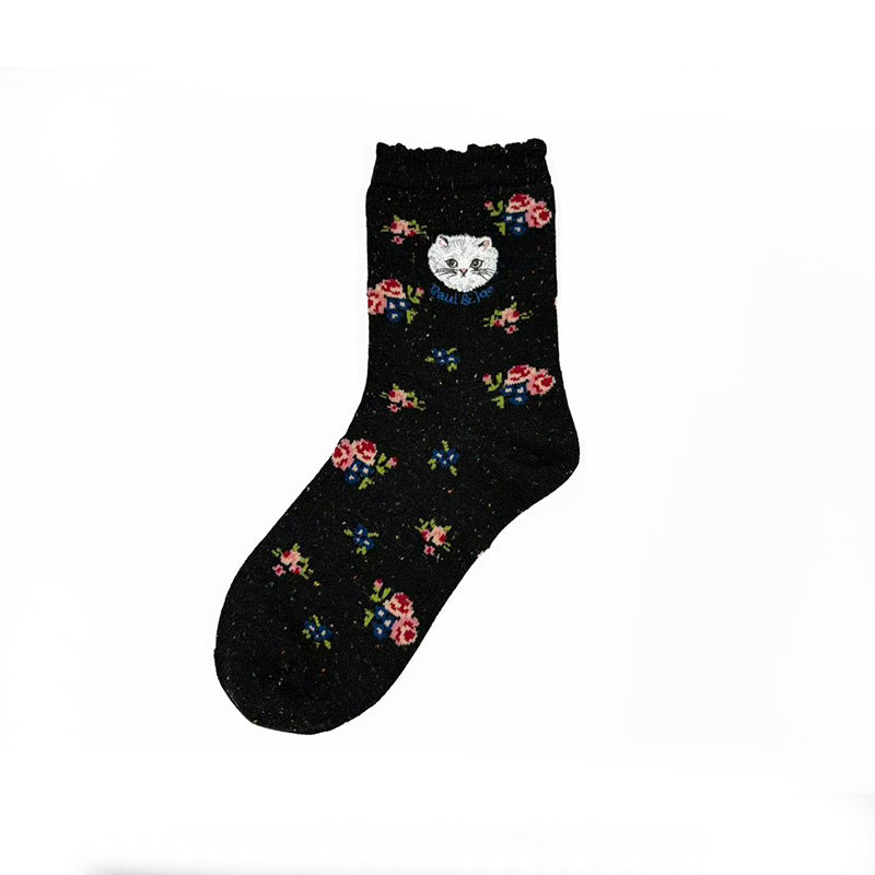 【レディース】小花柄ジプシー刺繍　ロークルー丈ウールソックス（ブラック）
