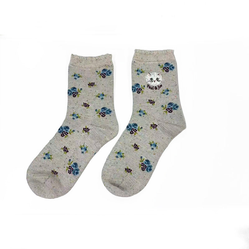 【レディース】小花柄ジプシー刺繍　ロークルー丈ウールソックス（ベージュ）