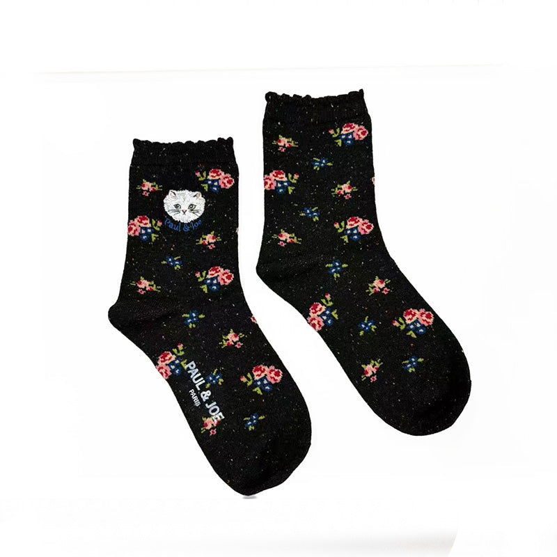 【レディース】小花柄ジプシー刺繍　ロークルー丈ウールソックス（ブラック）