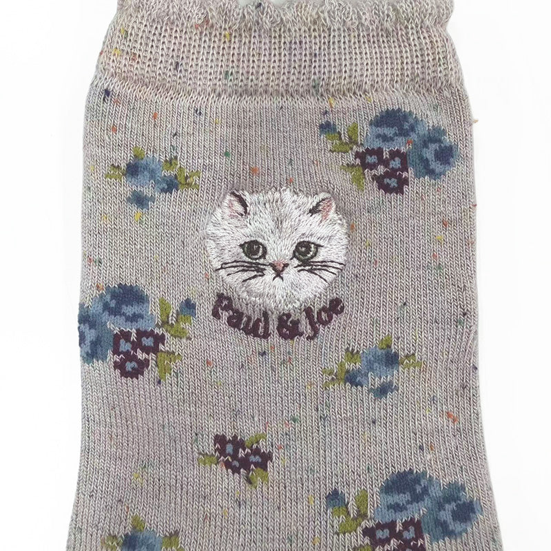 【レディース】小花柄ジプシー刺繍　ロークルー丈ウールソックス（ベージュ）