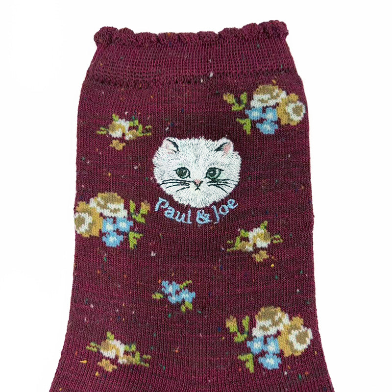 【レディース】小花柄ジプシー刺繍　ロークルー丈ウールソックス（エンジ）