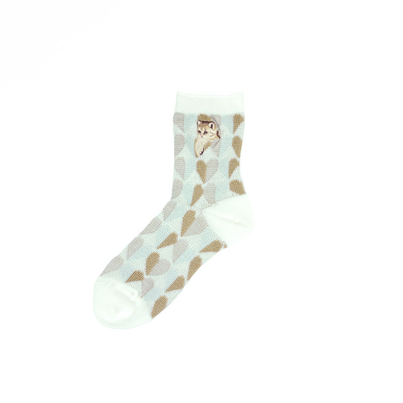 【レディース】ハートヌネット刺繍　ロークルー丈ウールソックス（アイボリー）