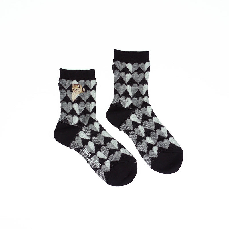 【レディース】ハートヌネット刺繍　ロークルー丈ウールソックス（ブラック）
