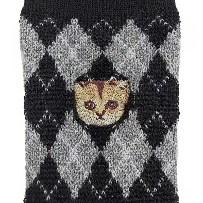 【レディース】ダイヤ柄ヌネット刺繍　クルー丈ウールソックス（ブラック）