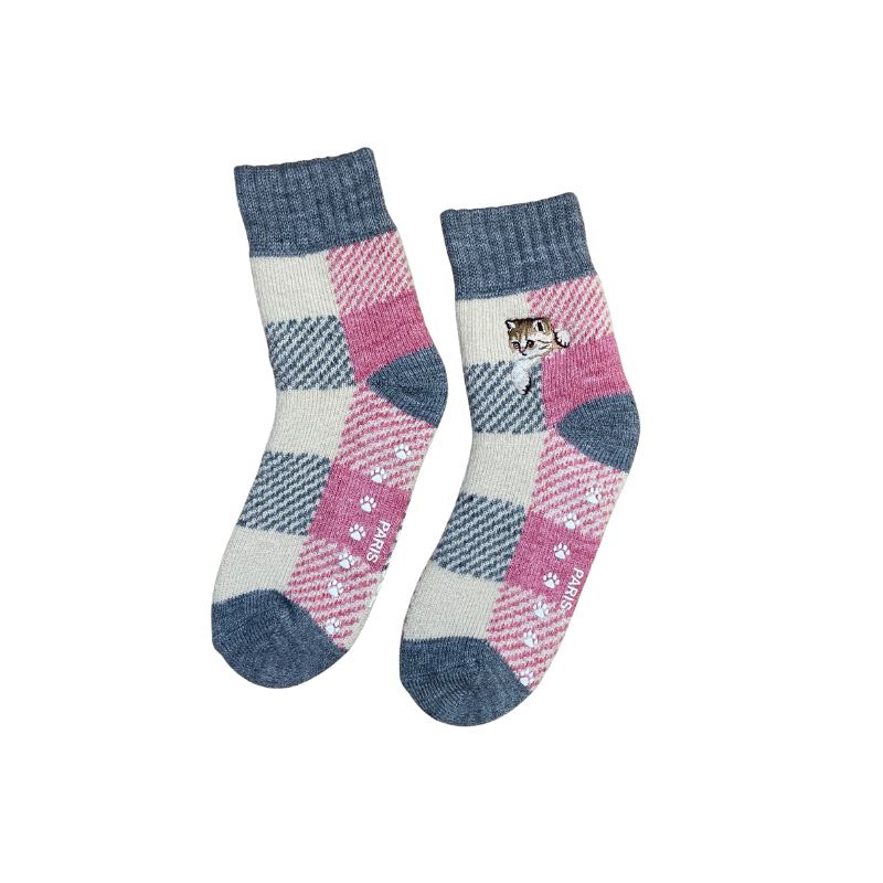 【レディース】ブロックチェックヌネット刺繍　ルームソックス（グレー）