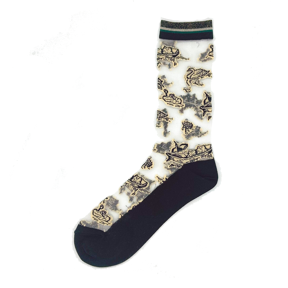 【レディース】シースルー　トワールキャット柄ソックス（ブラック）