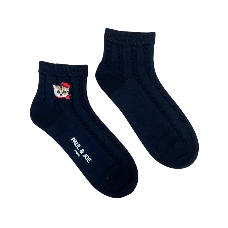 【レディース】フロートケーブル柄パリヌネット刺繍ソックス（ブラック）