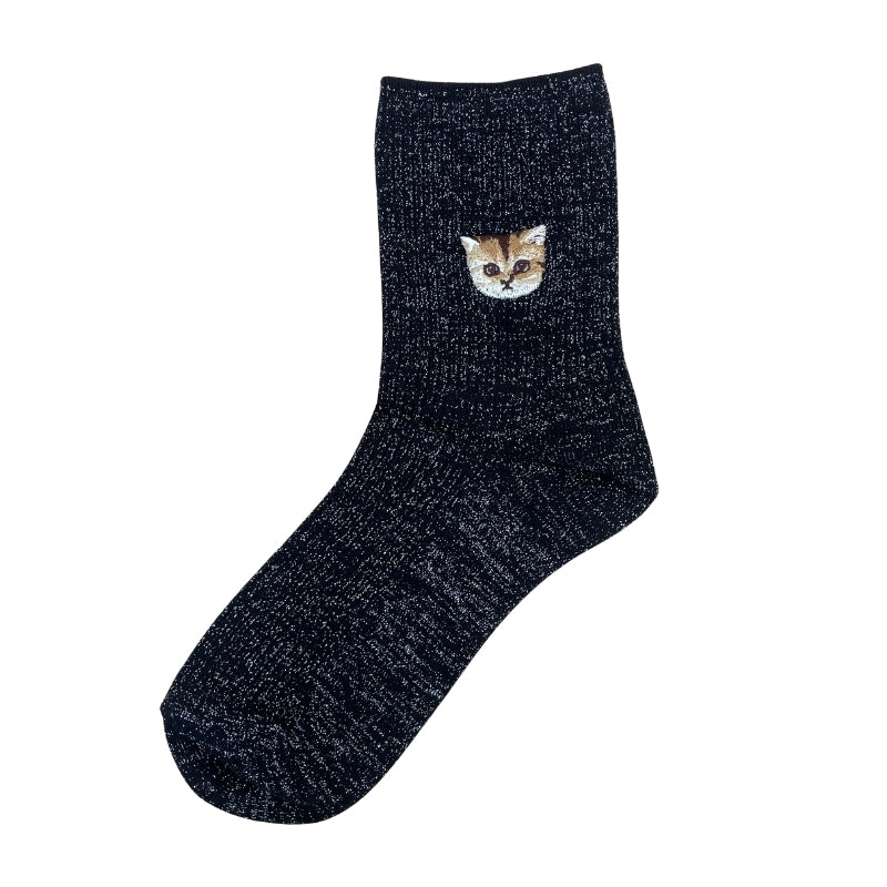 【レディース】ラメヌネット刺繍柄ソックス（ブラック）