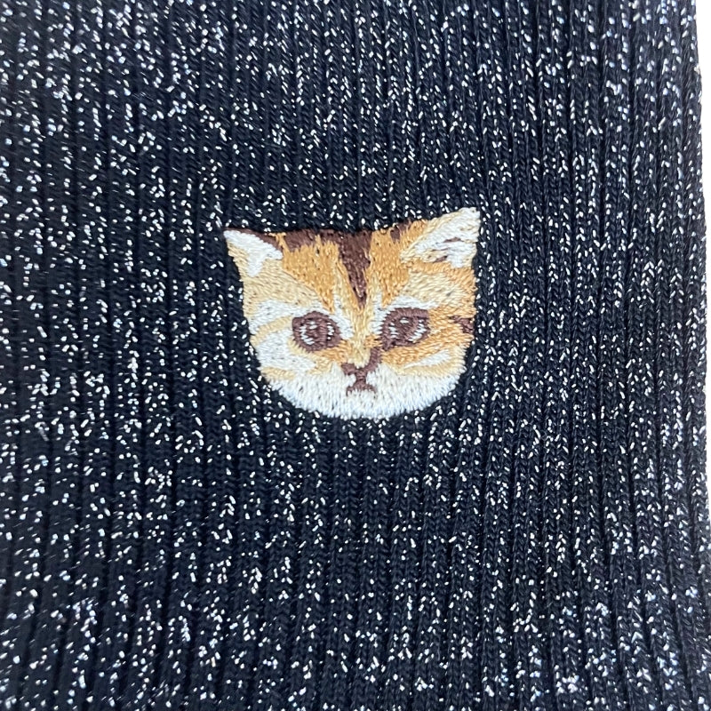【レディース】ラメヌネット刺繍柄ソックス（ブラック）