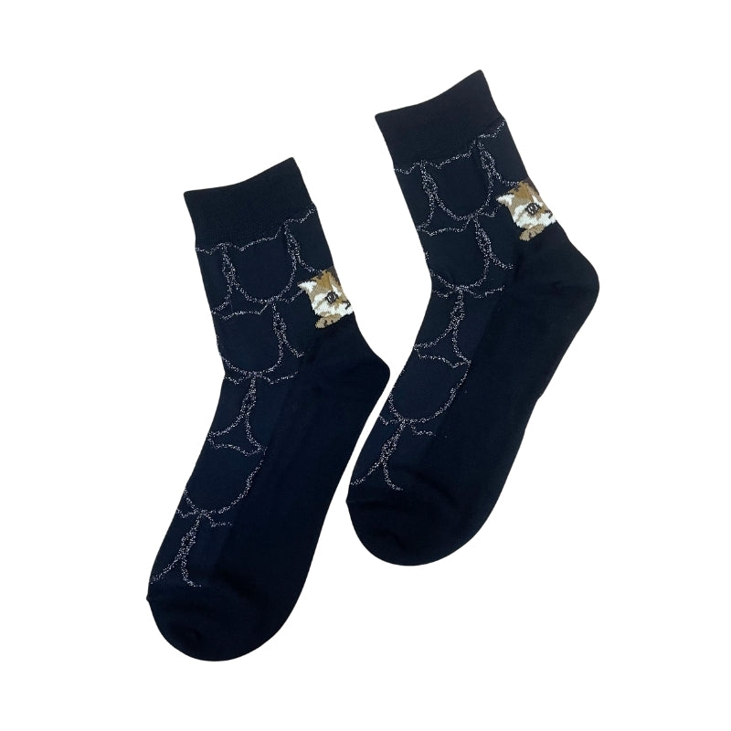 【レディース】シースルー猫リングかかとヌネット柄 ソックス（ブラック）