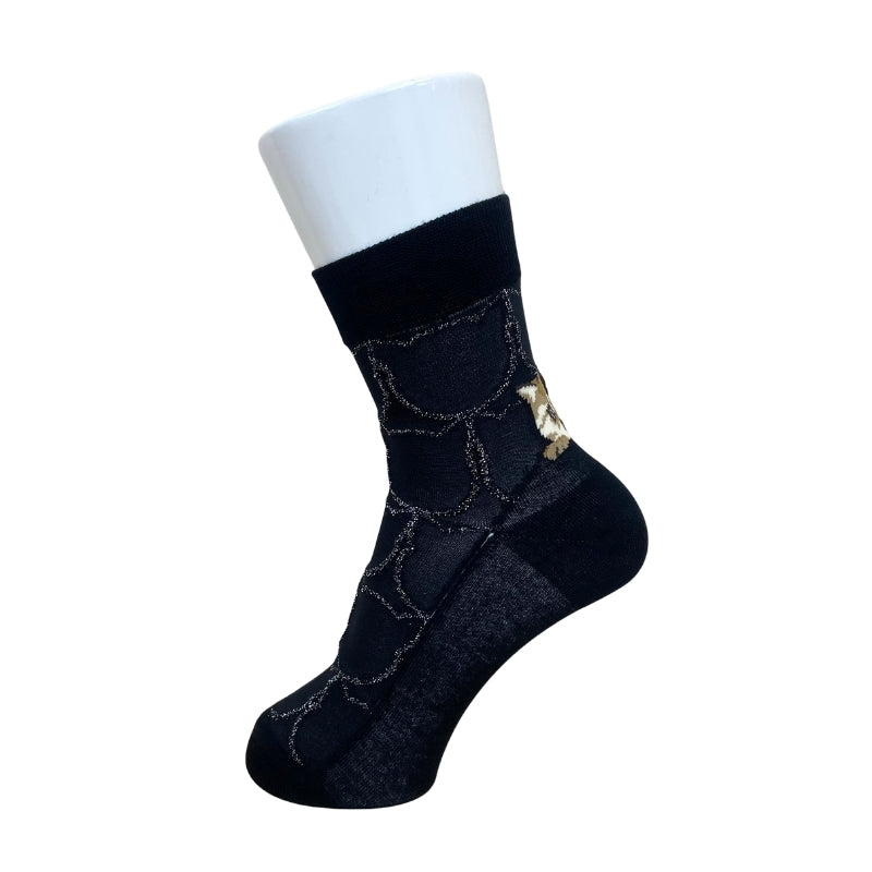 【レディース】シースルー猫リングかかとヌネット柄 ソックス（ブラック）