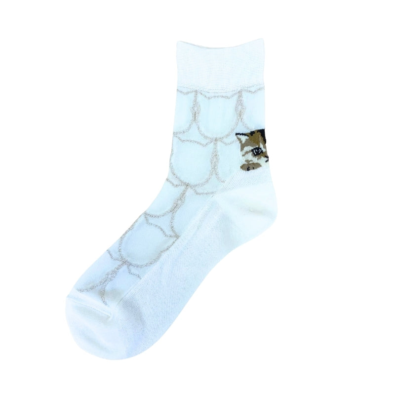 【レディース】シースルー猫リングかかとヌネット柄 ソックス（アイボリー）