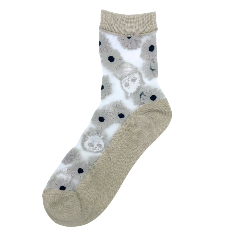 【レディース】シースルー花＆猫柄　ソックス（ベージュ）