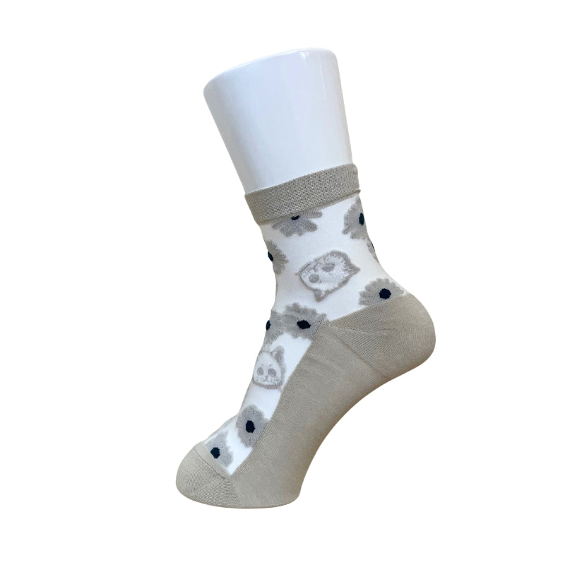 【レディース】シースルー花＆猫柄　ソックス（ベージュ）