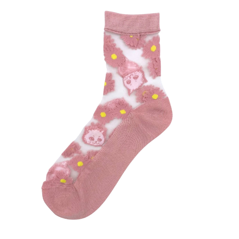 【レディース】シースルー花＆猫柄　ソックス（ピンク）