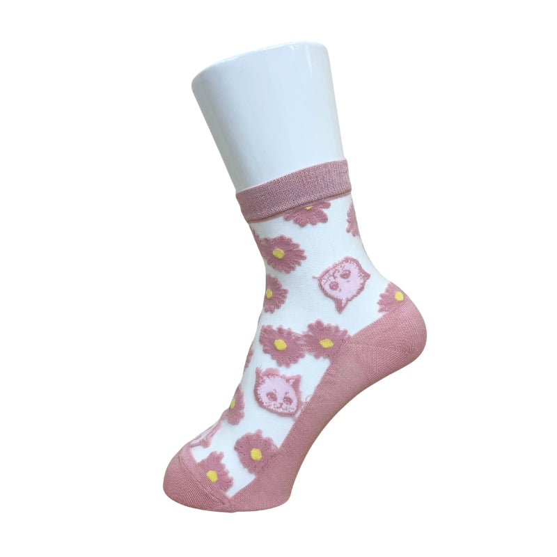【レディース】シースルー花＆猫柄　ソックス（ピンク）