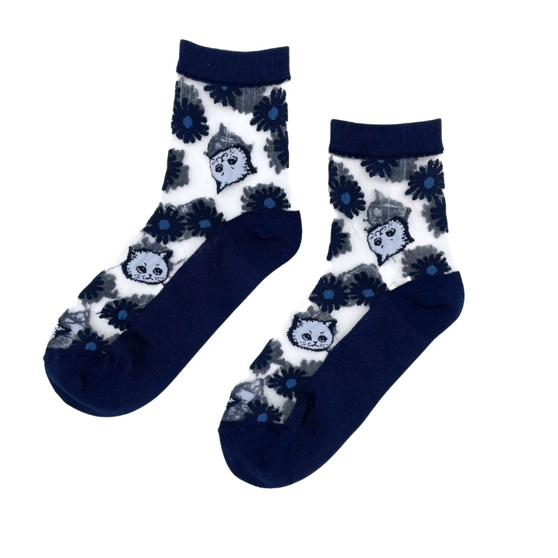【レディース】シースルー花＆猫柄　ソックス（ネイビー）