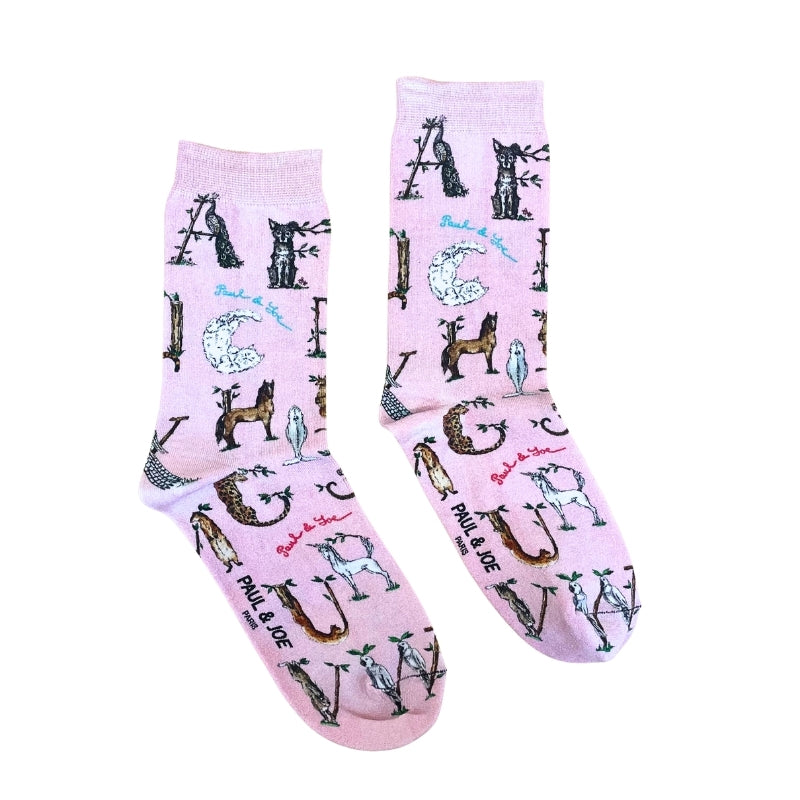 【レディース】アニマルアルファベットプリント ソックス（ピンク）