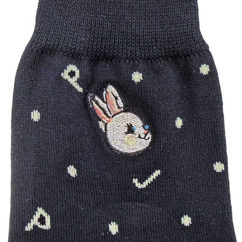 【レディース】ドットウサギ刺繍 ロークルー丈レディースソックス（ブラック）