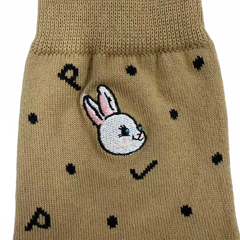 【レディース】ドットウサギ刺繍 ロークルー丈レディースソックス（ベージュ）