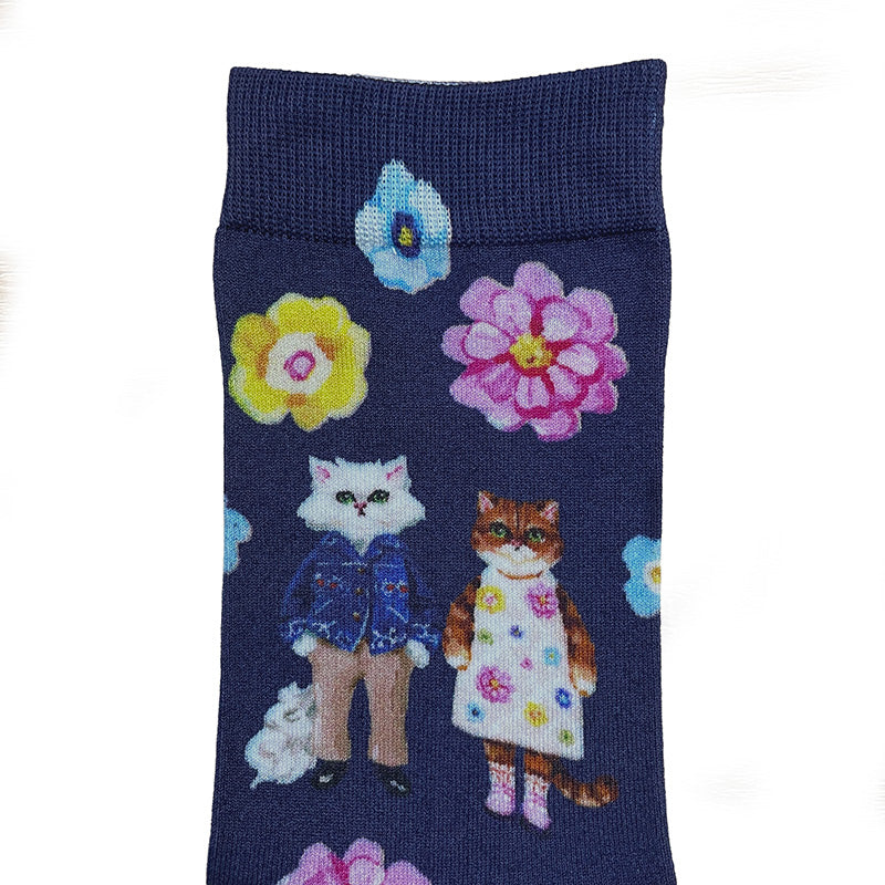 【レディース】ジプシー＆ヌネットフラワー柄 ロークルー丈レディースソックス（ネイビー）