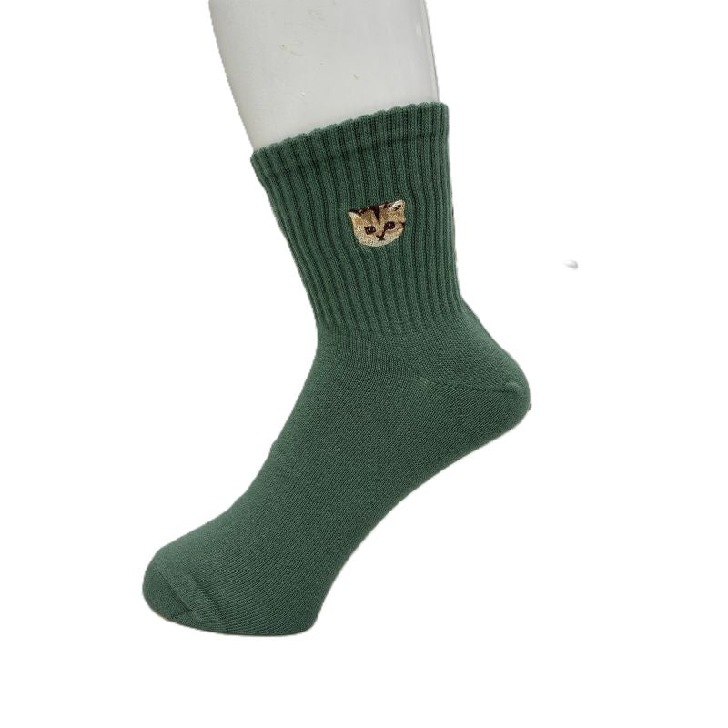 【メンズ】アメリブヌネット刺繍　ロークルーソックス（モスグリーン）