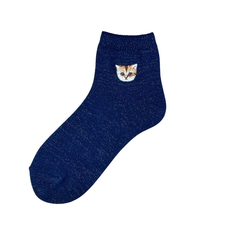 ラメ無地ヌネットワンポイント刺繍　ショートソックス（ネイビー）