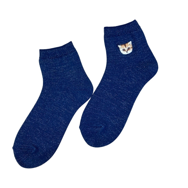 ラメ無地ヌネットワンポイント刺繍　ショートソックス（ネイビー）