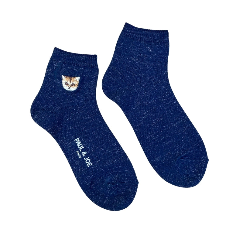 ラメ無地ヌネットワンポイント刺繍　ショートソックス（ネイビー）