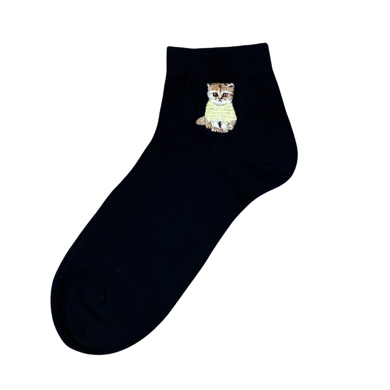 【メンズ】お座りヌネットボーダーT刺繍　ショート丈ソックス（ブラック）