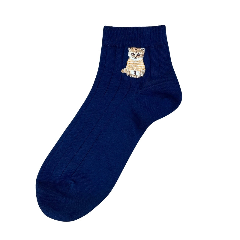 【メンズ】お座りヌネットボーダーT刺繍　ショート丈ソックス（ネイビー）