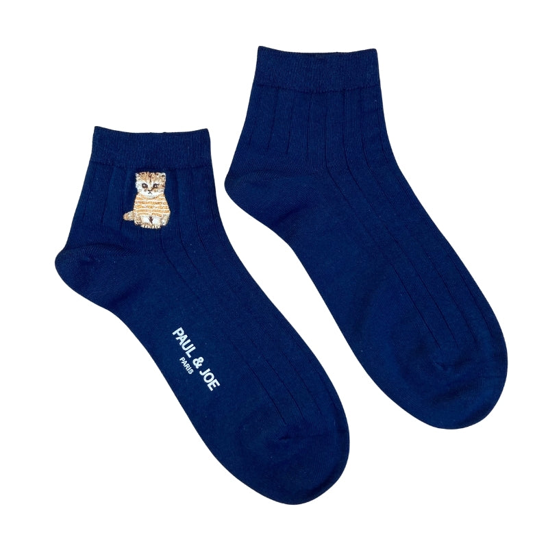 【メンズ】お座りヌネットボーダーT刺繍　ショート丈ソックス（ネイビー）