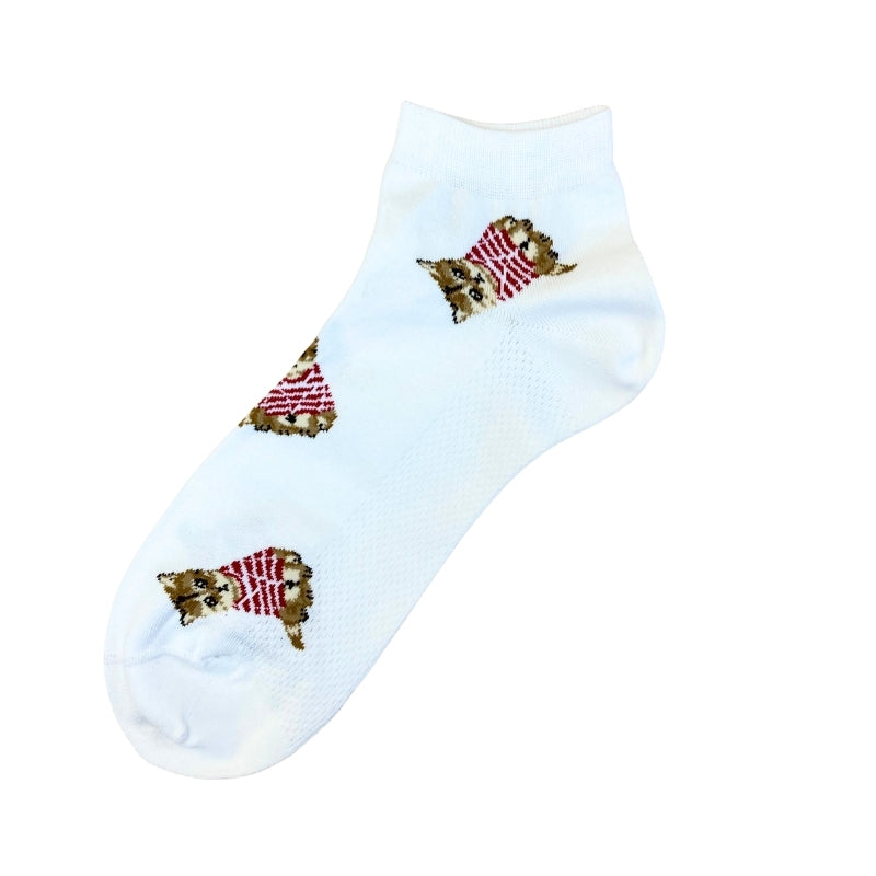 【メンズ】お座りヌネットボーダーT総柄　ショート丈ソックス（ホワイト）