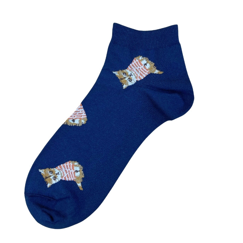 【メンズ】お座りヌネットボーダーT総柄　ショート丈ソックス（ネイビー）