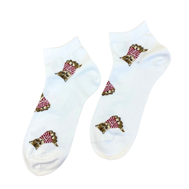 【メンズ】お座りヌネットボーダーT総柄　ショート丈ソックス（ホワイト）