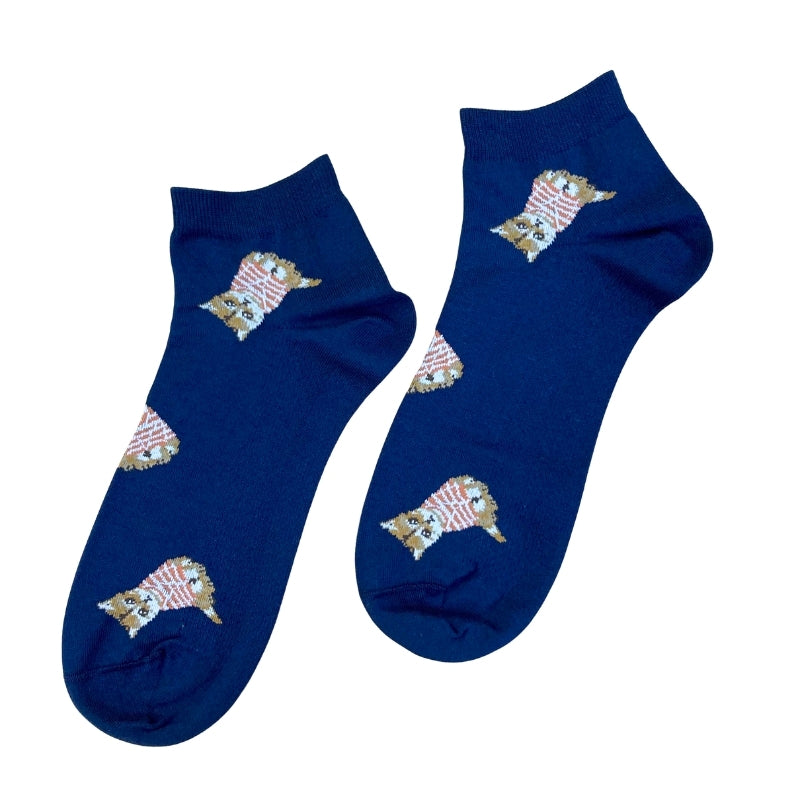 【メンズ】お座りヌネットボーダーT総柄　ショート丈ソックス（ネイビー）