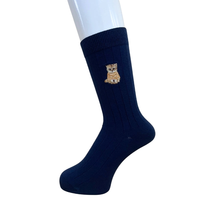 お座りヌネットボーダーT刺繍　クルー丈ソックス（ネイビー）