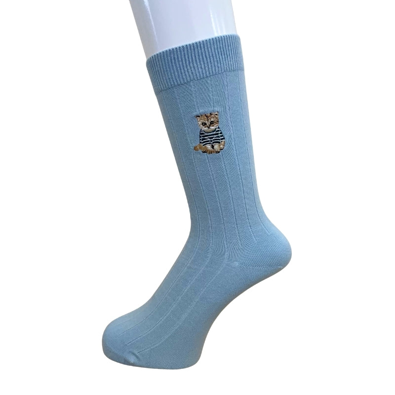 お座りヌネットボーダーT刺繍　クルー丈ソックス（サックス）