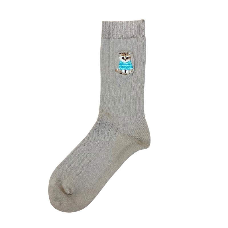 お座りヌネットボーダーT刺繍　クルー丈ソックス（ベージュ）