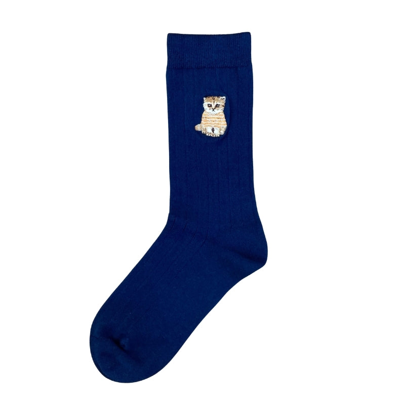 お座りヌネットボーダーT刺繍　クルー丈ソックス（ネイビー）