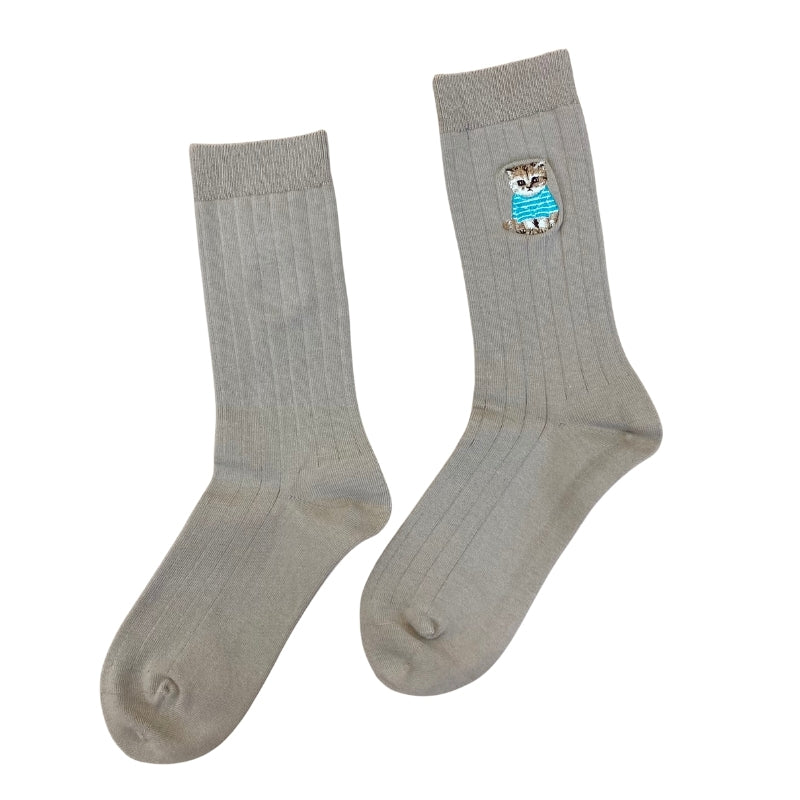 お座りヌネットボーダーT刺繍　クルー丈ソックス（ベージュ）