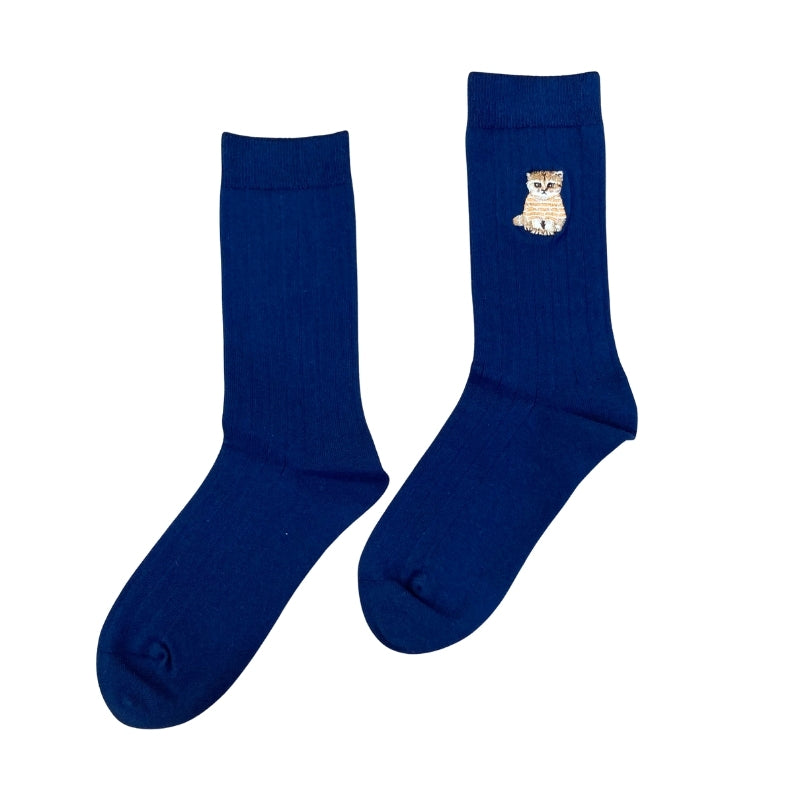 お座りヌネットボーダーT刺繍　クルー丈ソックス（ネイビー）